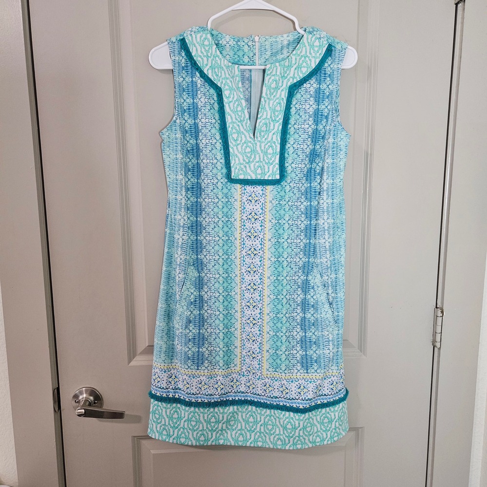 Cabana Life Aqua Blue Geometric Tile Print Sleeveless Fringe Shift Dress Small